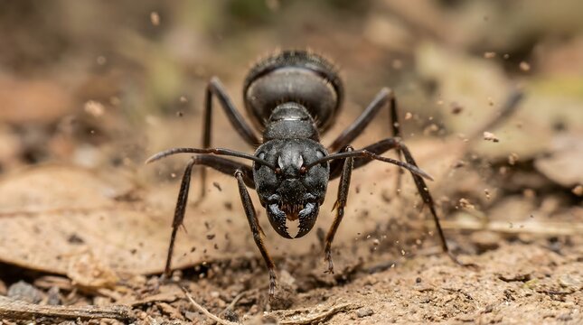 Furious Black Ant charging towards the camera, Black Ant run, Black Ant attack on the ground