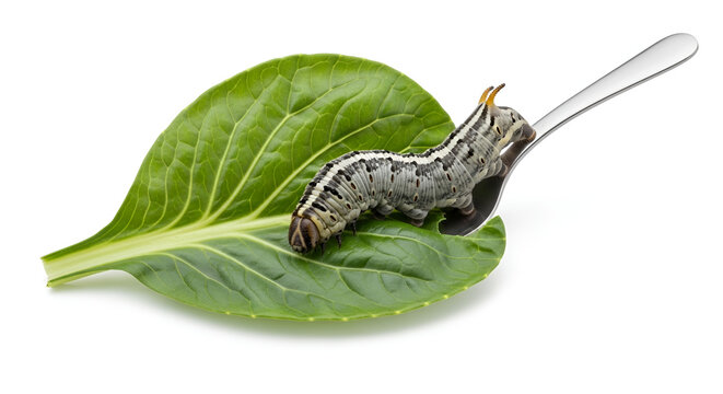 Caterpillar larva feeding on green leaf in preparation to pupate on a silver spoon studio shot isolated on white for stock illustration