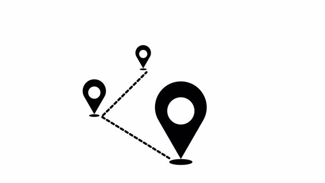 Three Location Point Connection with Lines Animation. Animated Location Pin Pointers with Line Path on White Background. 4K Motion Graphic.