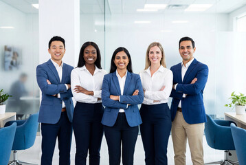 Obraz premium Diverse group of confident business professionals smiling in a modern office setting