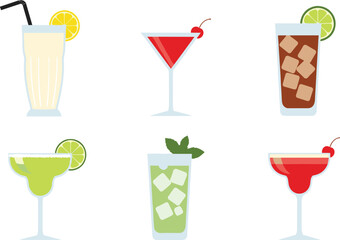 Cocktail Drink Illustration Set Featuring Popular Cocktails with Lime, Ice, and Garnishes for Beverage and Bar Designs
