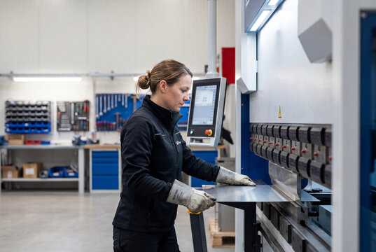 Skilled woman working with sheet metal on a press brake in a factory