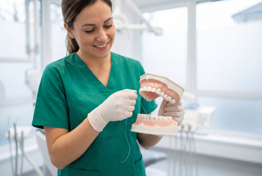 Dental hygienist demonstrates proper flossing technique on a jaw model in a clinic