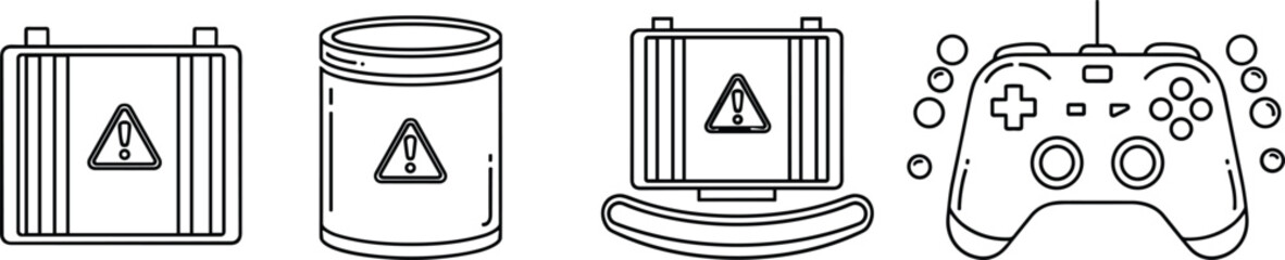 Set of black outline icons including industrial warning containers for hazardous materials and a game controller for technology and safety system interface design concepts. © Ketab