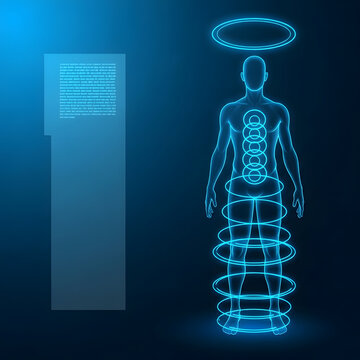 Glowing human body with aura and chakras
