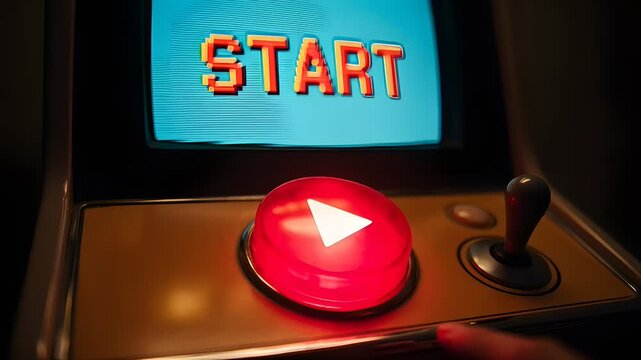 Finger pressing play button on vintage arcade machine