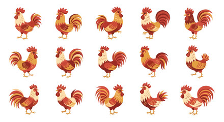 Set of Rooster Character Illustrations in Flat Vector Style, Farm Bird Mascot Collection for Logo and Design © mariyam