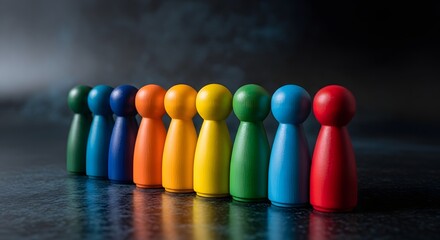 Naklejka premium Colorful game pieces standing in a line on a dark surface with reflections