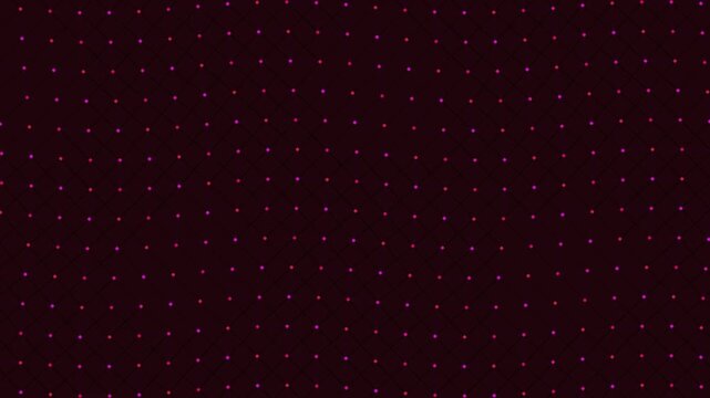 Abstract geometric mesh network of glowing pink and red dots connected by thin lines creating a dynamic digital grid pattern on a dark background, perfect for technology or science themes