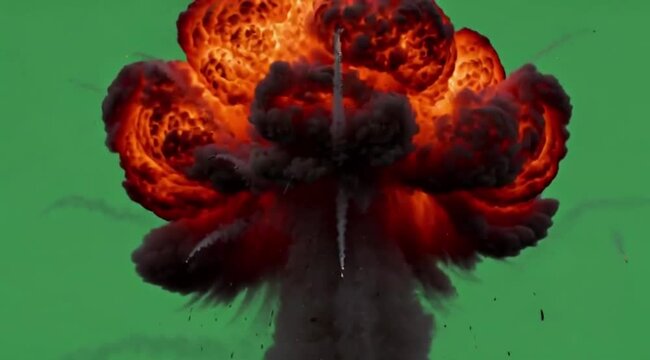 Low-angle shot looking up at a powerful explosion, emphasizing its scale and power, heroic cinematic lighting, fire and smoke billowing upwards