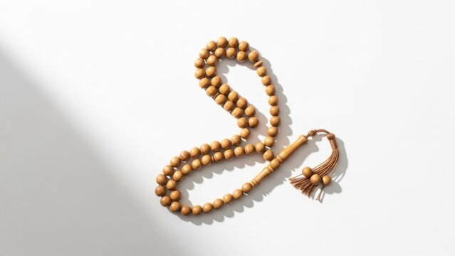 Wooden misbaha prayer beads arranged in soft light on white background, Islamic tasbih for dhikr, meditation, and peaceful Ramadan spiritual practice

