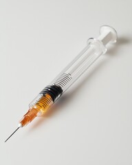Fototapeta premium Syringe with orange fluid on white background in a medical setting during the day