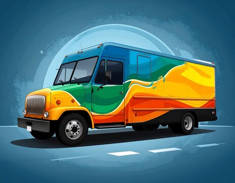 Colorful delivery vehicle with large windows and vibrant wave design on the side, set against a soft blue gradient background