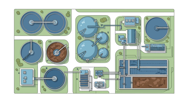 Top-down aerial view of a modern wastewater treatment plant with multiple circular tanks and rectangular processing units.