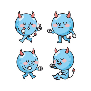 Cute cartoon devil characters dancing and having fun in various poses