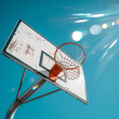 Basketball hoop against vibrant blue sky with sun flare, close-up low angle view of weathered backboard and net, symbolizing outdoor recreation, sports competition, competitive spirit, and athletic tr