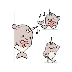 Cartoon narwhal singing and dancing with joyful expression © AnuStock