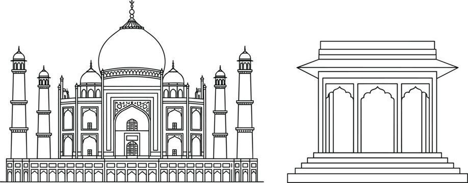 Taj Mahal and Traditional Mughal Pavilion Line Art Illustration Set with Indian Monument Architecture Outline Design