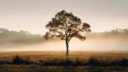 Obraz premium Golden Dawn Mist Illuminates Solitary Tree in Peaceful Rural Landscape.