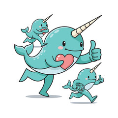 Happy narwhal family showing love and approval with thumbs up on white background © Tanjina Stock