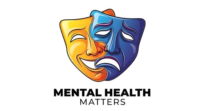Dual comedy and tragedy masks symbolizing mental health awareness illustration viewed from a straightforward perspective