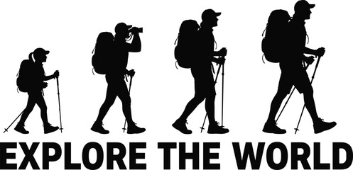Silhouette of hikers walking with backpacks and trekking poles explore the world typography vector illustration for adventure travel and outdoor design © MdAbdul