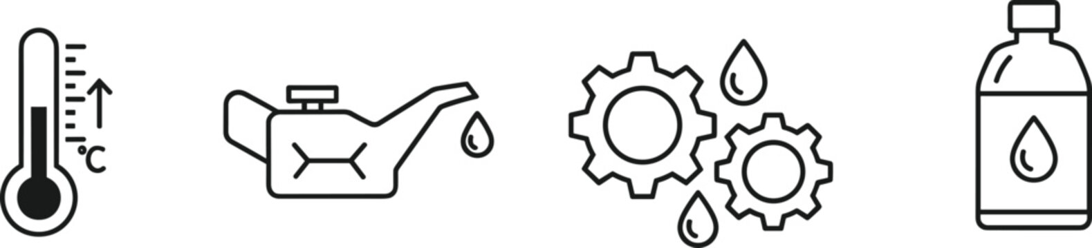 Collection of Automotive Maintenance Line Icons Featuring Engine Oil Canister Temperature Gauge Industrial Gears with Lubrication Drops and Car Fluid Bottle Vector Set