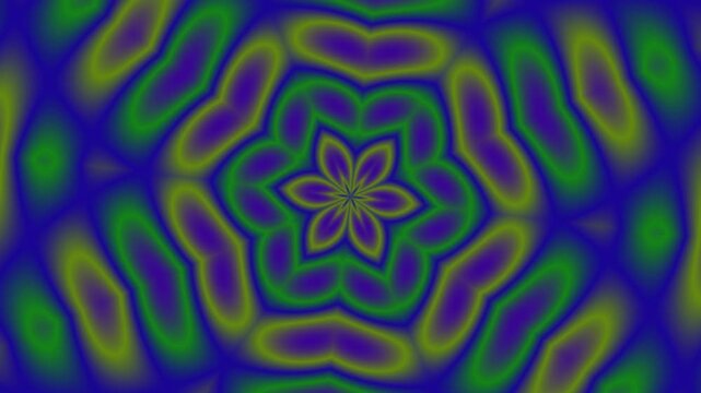 Mesmerizing abstract kaleidoscope pattern with vibrant blue, purple, and green gradients, creating a hypnotic and symmetrical visual experience with evolving organic shapes and radial symmetry