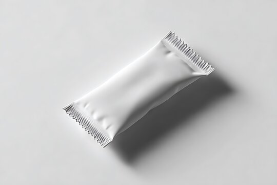 Blank white food pouch mockup floats diagonally on a light gray surface.