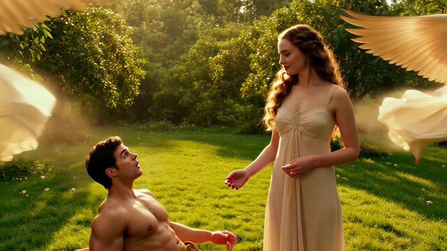 Divine Creation Scene Depicting God Forming Eve from Adam s Rib in Garden of Eden with Angels and Lush Vegetation