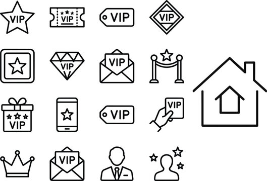 VIP Premium Membership Line Icon Set with Star Badge, Ticket, Envelope, Crown, Red Carpet and Exclusive Access Symbols Collection