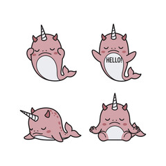 Cute cartoon narwhals with different expressions and gestures on white background © TahminaStock