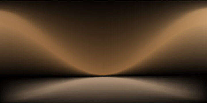 Golden brown studio background. Abstract limbo podium studio space. Dark white gradient wall floor and spotlights. Showcase, promotional display. Vector stage mockup illustration.