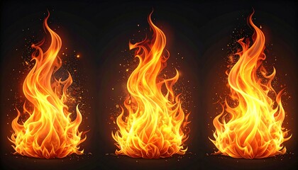 Three Fiery Flames Burning Brightly Against a Dark Background, Artistic Rendering.