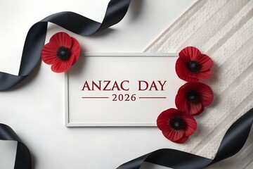 A solemn display of red poppies and black ribbon frames a white sign proclaiming "ANZAC DAY 2026," creating a powerful and respectful tribute to commemorate the bravery and sacrifice of servicemen and