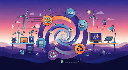 Naklejka premium Eco friendly technology and renewable energy solutions concept with spiral design and wind turbines at sunset