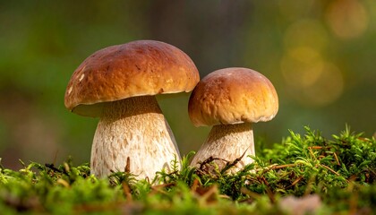 Two beautiful mushrooms growing in the forest, surrounded by green moss and natural light.