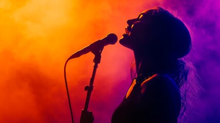Fototapeta premium Silhouette of a female singer passionately singing into a microphone on a stage illuminated with vibrant orange and purple lights, creating a dramatic and artistic performance atmosphere