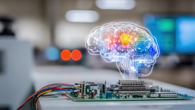 Brain and Technology: A cutting-edge concept showcasing the fusion of the human mind with advanced technology, as a glowing representation of the brain hovers above a computer circuit board.