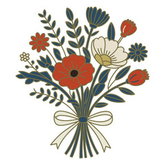 Red and Blue Wildflower Bouquet with Ribbon Folk Art Style Illustration