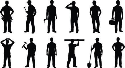 Construction worker silhouettes, hard hat poses, toolbox illustration, hammer and shovel art, building site labor concept, industrial workforce design © MstParvin