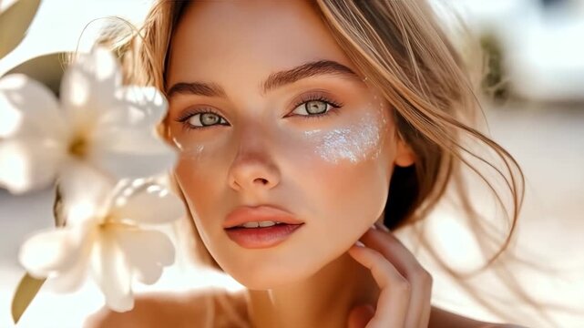 Stylish young woman in sunhat enjoying sunny summer day outdoors. Makeup with SPF for Summer Days skincare. concept summer vacation and outdoor lifestyle concept