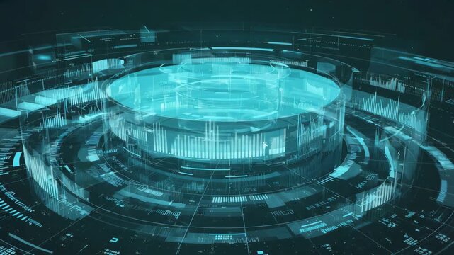 Dynamic circular interface filled with glowing holographic charts and rotating data rings visualizes real time analytics and big data streams, financial monitoring