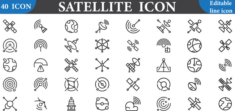 A set of 40 editable line icons representing different satellite related symbols