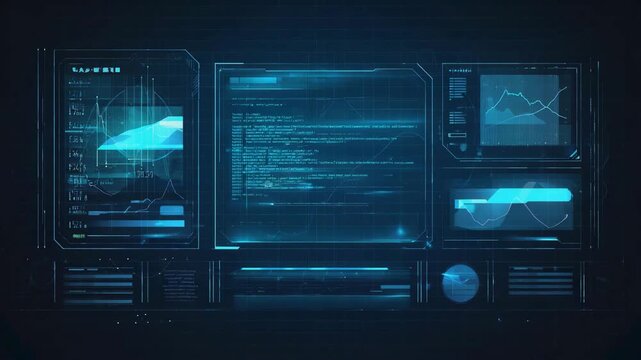 Advanced Data Analytics Dashboard with Code Interface financial graphs, flowing code streams across multiple holographic panels, symbolizing big data processing, software engineering
