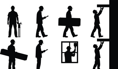 Construction worker silhouettes, industrial labor illustration, surveying and blueprint art, beam installation design, workforce diversity concept, building site representation © MstParvin