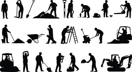 Construction worker silhouettes, heavy equipment illustration, jackhammer and shovel art, wheelbarrow and ladder design, building site labor concept, industrial workforce representation © MstParvin