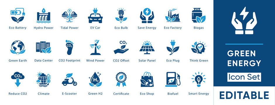 Green energy icon set. Collection of renewable energy, ecology, environment and sustainable electricity icons. Solid vector illustration.