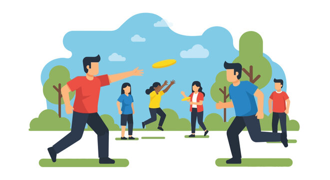 A group of diverse people playing frisbee outdoors in a park on a sunny day, enjoying leisure time.