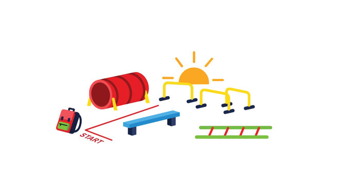 Illustration of a children's outdoor obstacle course with a tunnel, balance beam, parallel bars, and agility ladder, ready for play under the sun.